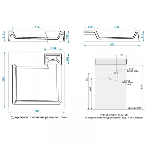 Раковина Azario Slim 60 CS00078302 на стиральную машину Белая искусственный камень (литьевой мрамор) подвесная, на стиральную машину
