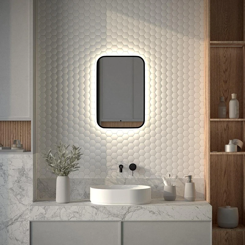 Зеркало Defesto Aura 40х60 DF 2962R с подсветкой 17W-4500K/ИК - выключатель/Нейтральный белый свет/Черная рама