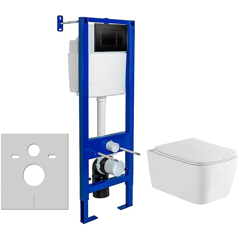 Комплект унитаза WellWant Tesoro WWU01111W с инсталляцией Berges Wasserhaus Atom 410 040332 с сиденьем Микролифт и Черной клавишей смыва