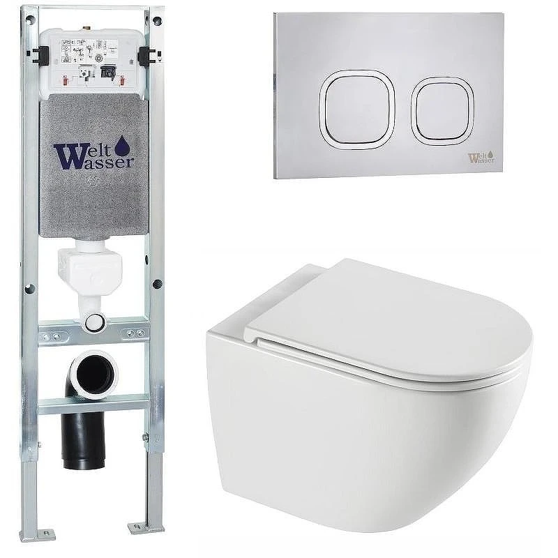 Комплект унитаза с инсталляцией WeltWasser AMBERG 350 ST + MERZBACH 043 XL GL-WT + AMBERG RD-MT CR 10000013763 цвет Белый глянцевый с сиденьем Микролифт и клавишей смыва цвет Хром матовый