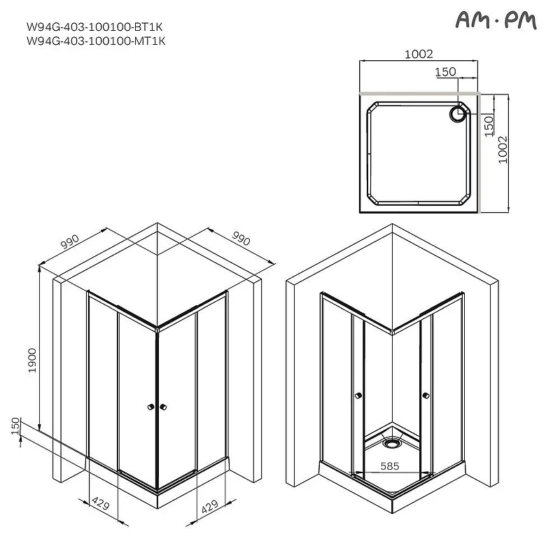 Душевой уголок AM.PM X-Joy 100х100 W94G-403-100100-MT1K профиль Хром матовый стекло прозрачное