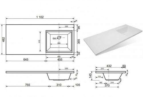 Раковина Эстет Даллас 110 R ФР-00001668 с местом под стиральную машину Белая искусственный камень (литьевой мрамор) с местом под стиральную машину, полувстраиваемая