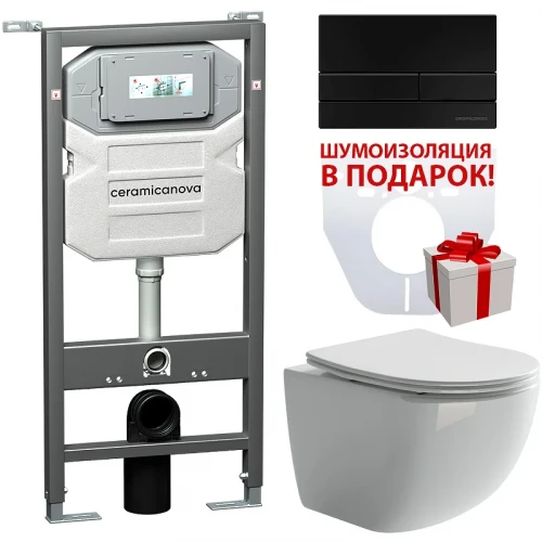 Комплект унитаза с инсталляцией Ceramicanova Forma CN3009_1002B_1000 с сиденьем Микролифт и Черной матовой клавишей смыва фарфор подвесной