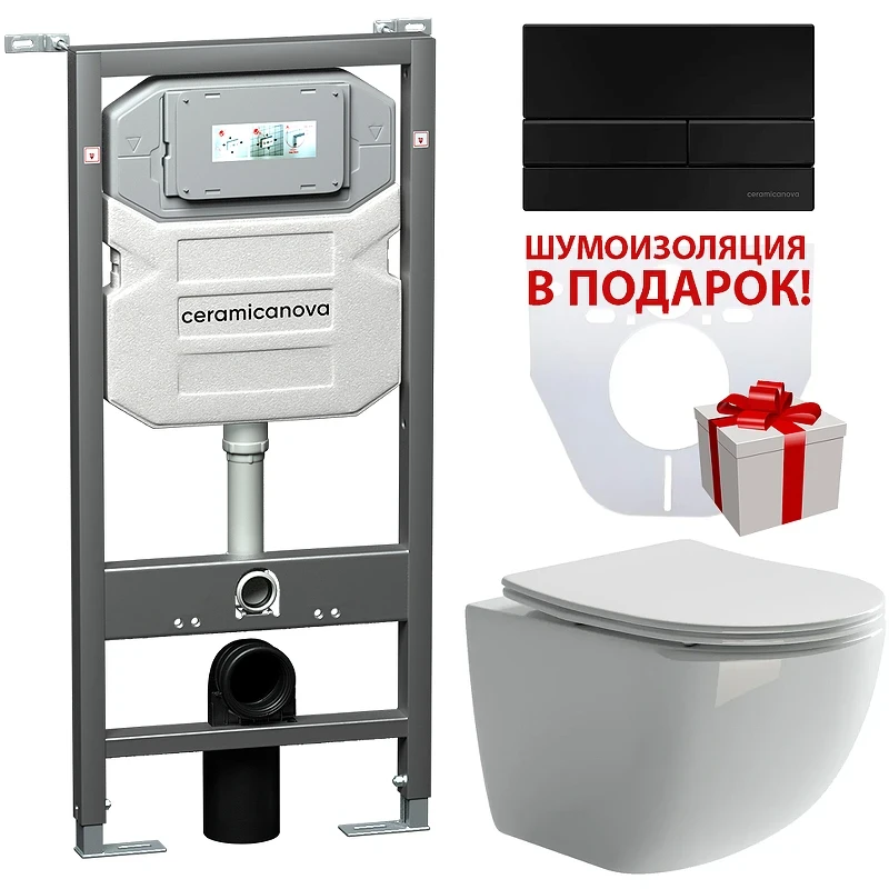 Комплект унитаза с инсталляцией Ceramicanova Forma CN3009_1002B_1000 с сиденьем Микролифт и Черной матовой клавишей смыва фарфор подвесной