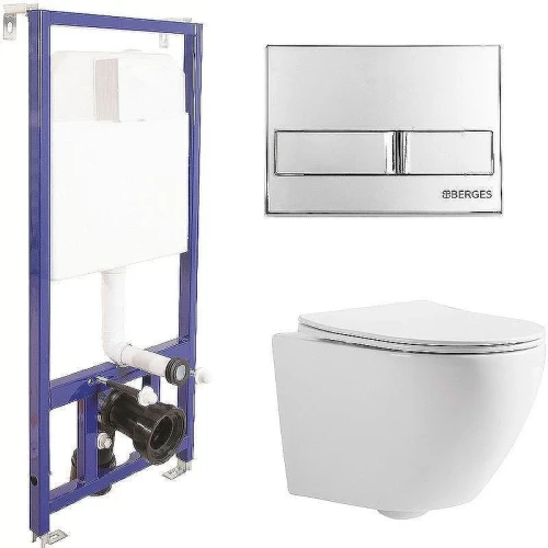 Унитаз с инсталляцией CeramaLux 2197 + Berges Novum L3 040213 с сиденьем Микролифт и клавишей смыва Хром