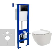 Комплект унитаза AQUAme AQM2002 с инсталляцией Berges Atom 410 040332 с сиденьем Микролифт и Черной матовой клавишей смыва фаянс подвесной