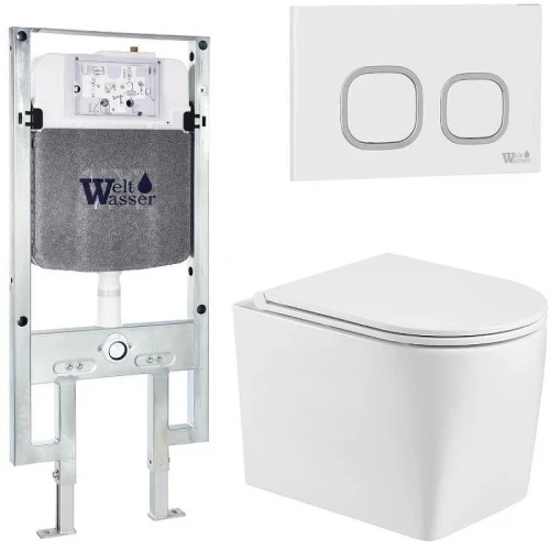 Комплект унитаза с инсталляцией WeltWasser AMBERG 497 ST + NESENBACH 004 GL-WT + AMBERG RD-WT 10000008931 цвет Белый глянцевый с сиденьем Микролифт и клавишей смыва цвет Белый