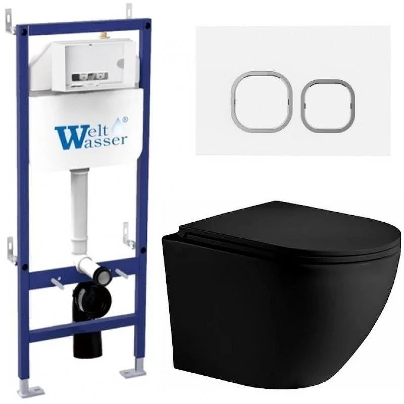 Комплект унитаза с инсталляцией WeltWasser BAMBERG 460 + MERZBACH 043 XL MT-BL + BAMBERG WT 10000014129 цвет Черный матовый с сиденьем Микролифт и клавишей смыва цвет Белый