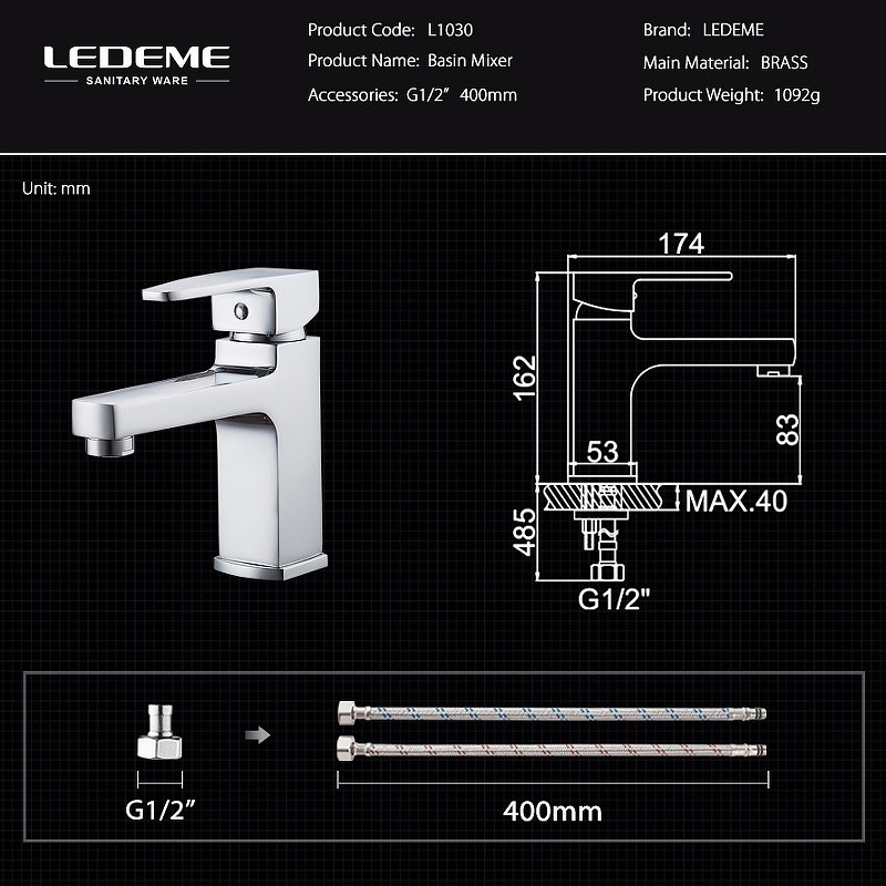 Смеситель для раковины Ledeme H30 1030L Хром латунь