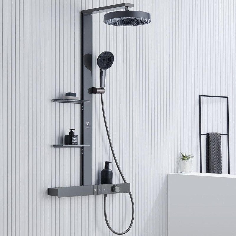 Душевая система Black&White Gravity GH-9005N-GM 9005NGM с термостатом цвет Оружейная сталь