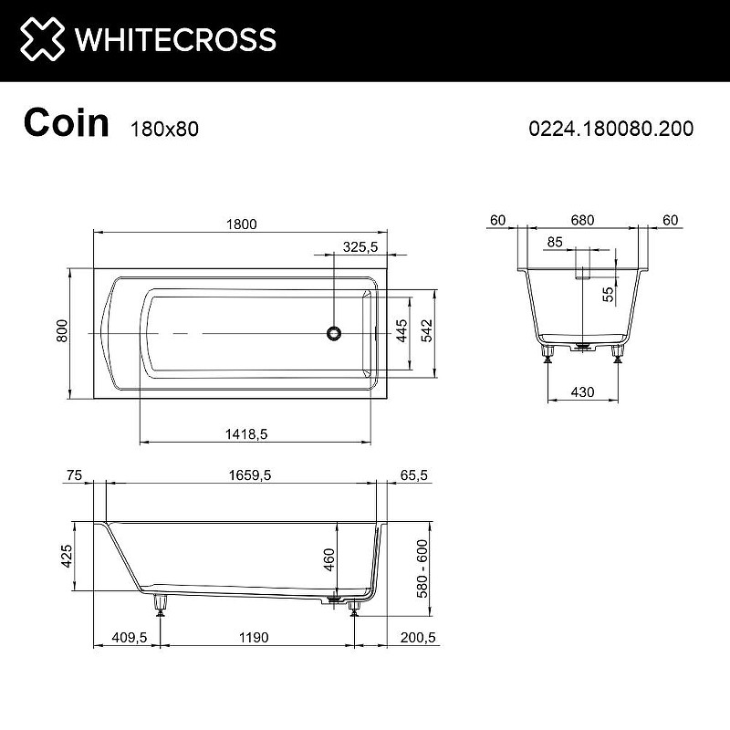 Ванна из искусственного камня Whitecross Coin 180x80 0224.180080.200.RELAX.CR цвет Белый матовый с гидромассажем форсунки Хром