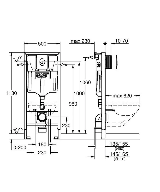 Комплект унитаза WellWant Tesoro WWU01111W с инсталляцией Grohe Rapid SL 38750001 с сиденьем Микролифт и клавишей смыва Хром