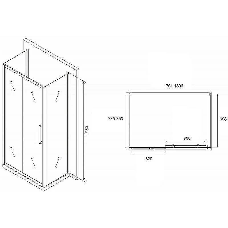 Душевой уголок Abber Schwarzer Diamant 180x75 AG30180BH-S75B-S75B профиль Черный стекло прозрачное