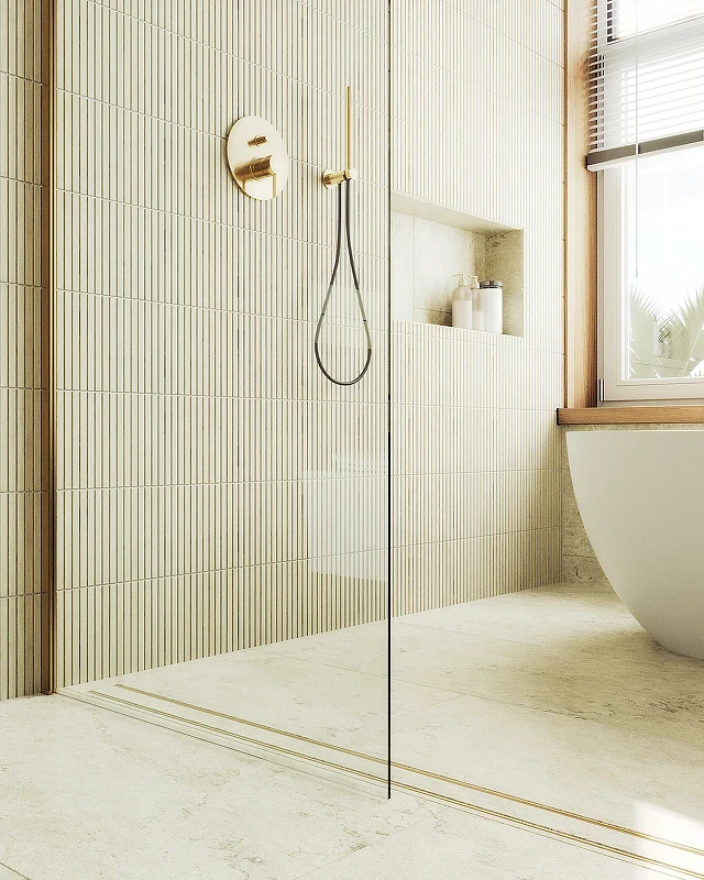 Душевая перегородка Maybah Glass MGD-689-3ш 890x1950 в широком профиле Золото стекло прозрачное