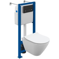 Комплект унитаза Cersanit City Smart CO DPL EO Slim с сиденьем Микролифт и инсталляцией Vector 68305 с клавишей смыва Черный матовый Хром фарфор подвесной