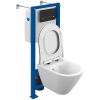 Комплект унитаза Cersanit City Smart CO DPL EO Slim с сиденьем Микролифт и инсталляцией Vector 68305 с клавишей смыва Черный матовый Хром фарфор подвесной