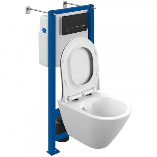 Комплект унитаза Cersanit City Smart CO DPL EO Slim с сиденьем Микролифт и инсталляцией Vector 68305 с клавишей смыва Черный матовый Хром фарфор подвесной