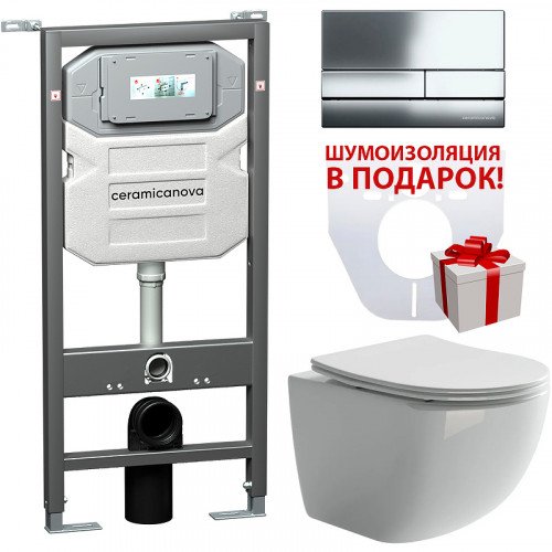 Комплект унитаза с инсталляцией Ceramicanova Forma CN3009_1002CH_1000 с сиденьем Микролифт и клавишей смыва Хром фарфор подвесной