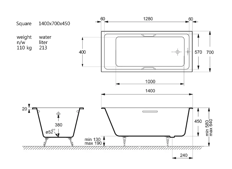 Чугунная ванна Vinsent Veron Square 140x70 VSQ1407045H/VH0012GD цвет Белый с квадратными золотыми ручками