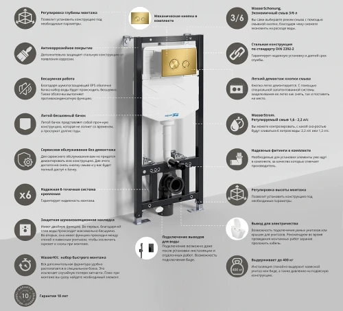 Инсталляция WasserKRAFT Aller 10TLT.010.ME.MG01 для унитаза с клавишей смыва Золото матовое нержавеющая сталь