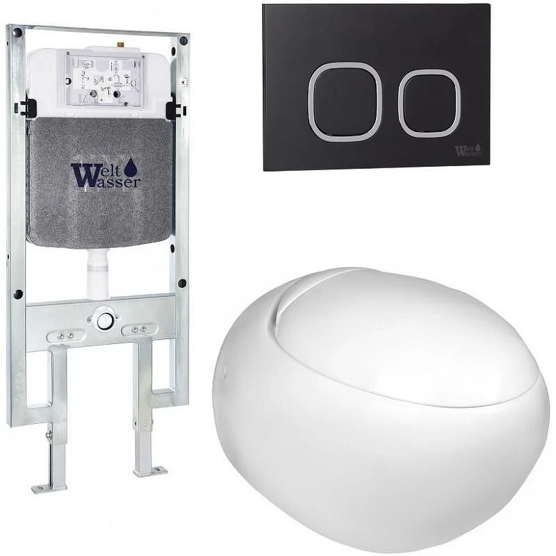 Комплект унитаза с инсталляцией WeltWasser AMBERG 497 ST + JECKENBACH 004 GL-WT + AMBERG RD-BL 10000006711 цвет Белый глянцевый с сиденьем Микролифт и клавишей смыва цвет Черный