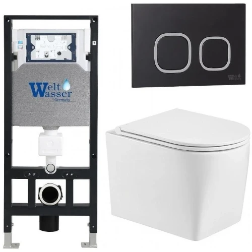 Комплект унитаза с инсталляцией WeltWasser AMBERG 506 + NESENBACH 004 GL-WT + AMBERG RD-BL 10000008932 цвет Белый глянцевый с сиденьем Микролифт и клавишей смыва цвет Черный