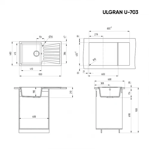 Кухонная мойка Ulgran Classic U-703-308 Черная искусственный камень (литьевой мрамор) встраиваемый
