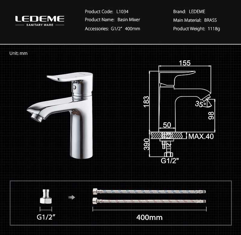 Смеситель для раковины Ledeme H34 1034L Хром латунь