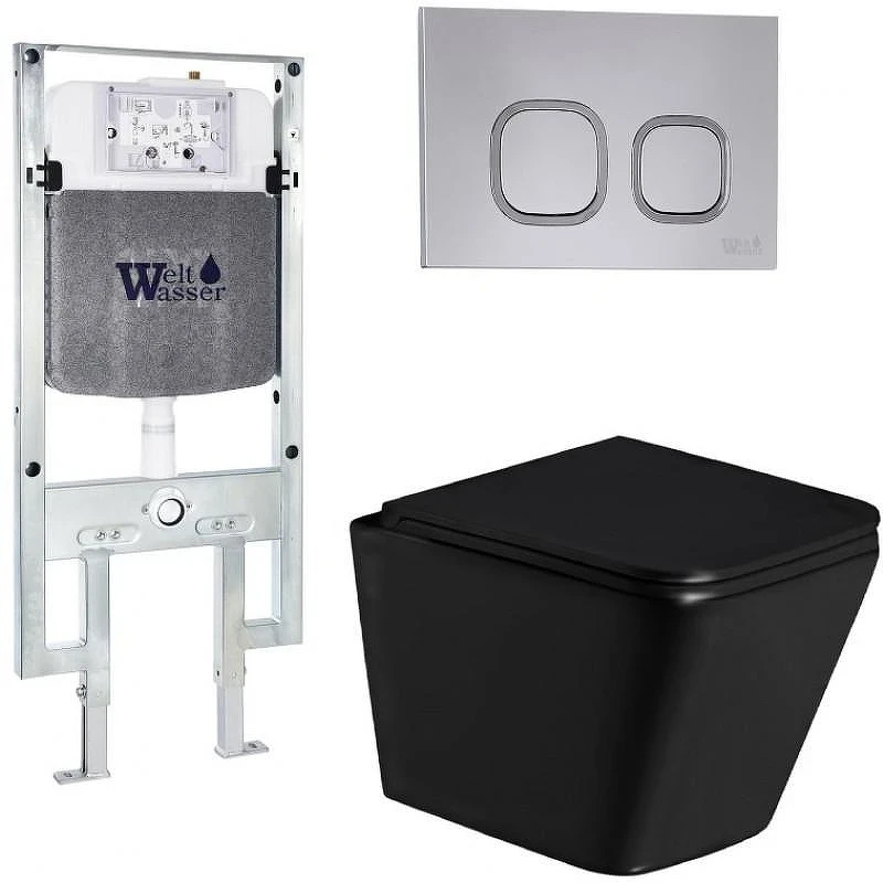 Комплект унитаза с инсталляцией WeltWasser AMBERG 497 ST + GELBACH 043 GL-BL + AMBERG RD-CR 10000011937 цвет Черный глянцевый с сиденьем Микролифт и клавишей смыва цвет Хром