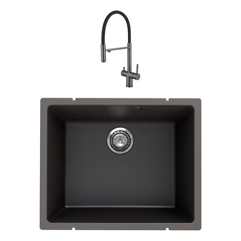 Кухонная мойка Ulgran Quartz Underground 500-09 Асфальт со смесителем Maretti Calabria CA31RGF11 Оружейная сталь