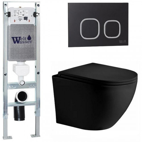 Комплект унитаза с инсталляцией WeltWasser AMBERG 350 ST + MERZBACH 043 XL MT-BL + AMBERG RD-BL 10000014102 цвет Черный матовый с сиденьем Микролифт и клавишей смыва цвет Черный