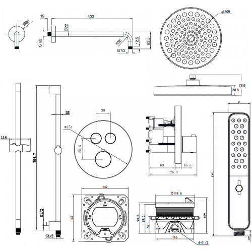 Душевая система AQUAme AQM8401CR с термостатом Хром латунь встраиваемый