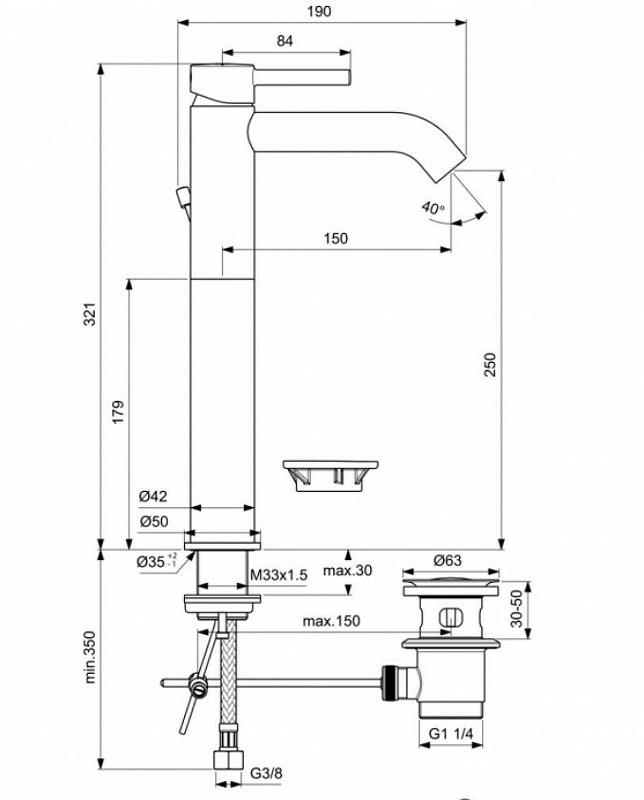 Смеситель для раковины Ideal Standard Ceraline BC194XG Черный шелк латунь на столешницу