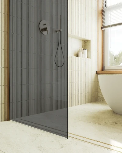 Душевая перегородка Maybah Glass MGD-705-3ш 690x1950 в широком профиле Золото стекло графитовое