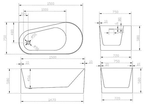 Акриловая ванна Abber 150х75 AB9496-1.5L без гидромассажа