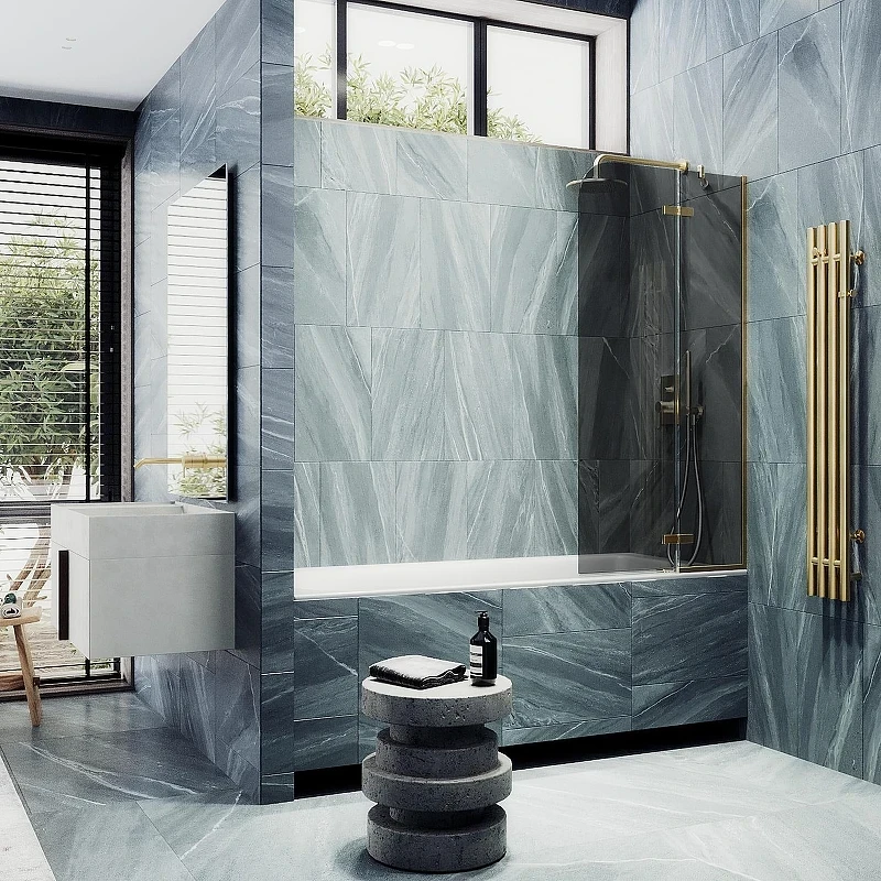 Шторка для ванны Maybah Glass MGV-659-3 690х1400 поворотная с добором Золото стекло графитовое