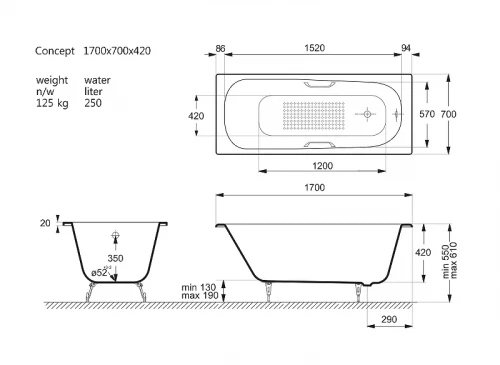 Чугунная ванна Vinsent Veron Concept 170x70 VCO1707042H/VH0012BL-AS цвет Белый с квадратными черными матовыми ручками и антискользящим покрытием