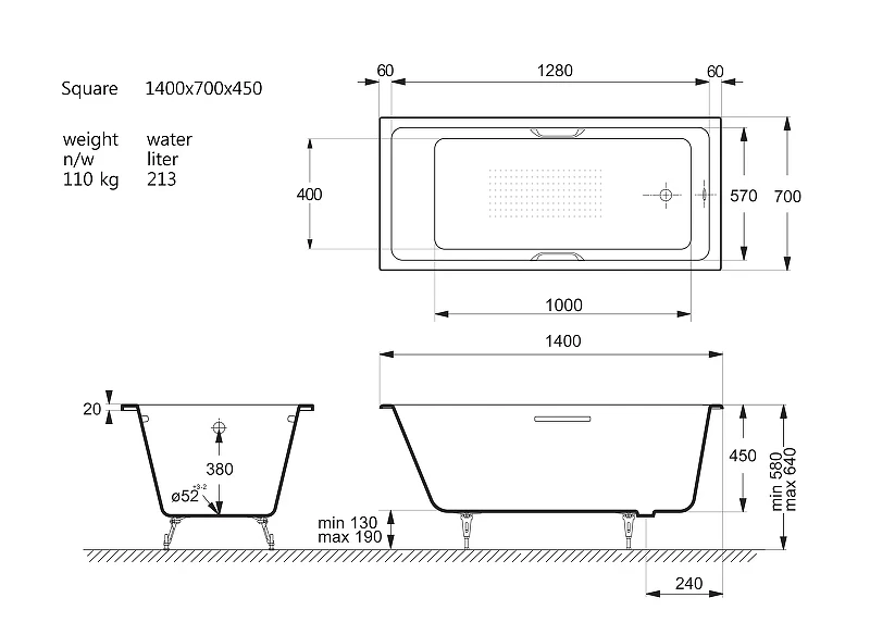 Чугунная ванна Vinsent Veron Square 140x70 VSQ1407045H/VH0012GD-AS цвет Белый с квадратными золотыми ручками и антискользящим покрытием