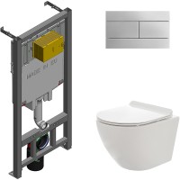 Комплект унитаза AQUAme AQM2002 с сиденьем Микролифт и инсталляцией Jacob Delafon E29025-NF+E4316-CP с клавишей смыва Хром фаянс подвесной