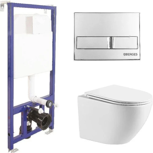 Унитаз с инсталляцией WellWant Aura WWU01121WK + Berges Novum L3 040213 с сиденьем Микролифт и клавишей смыва Хром
