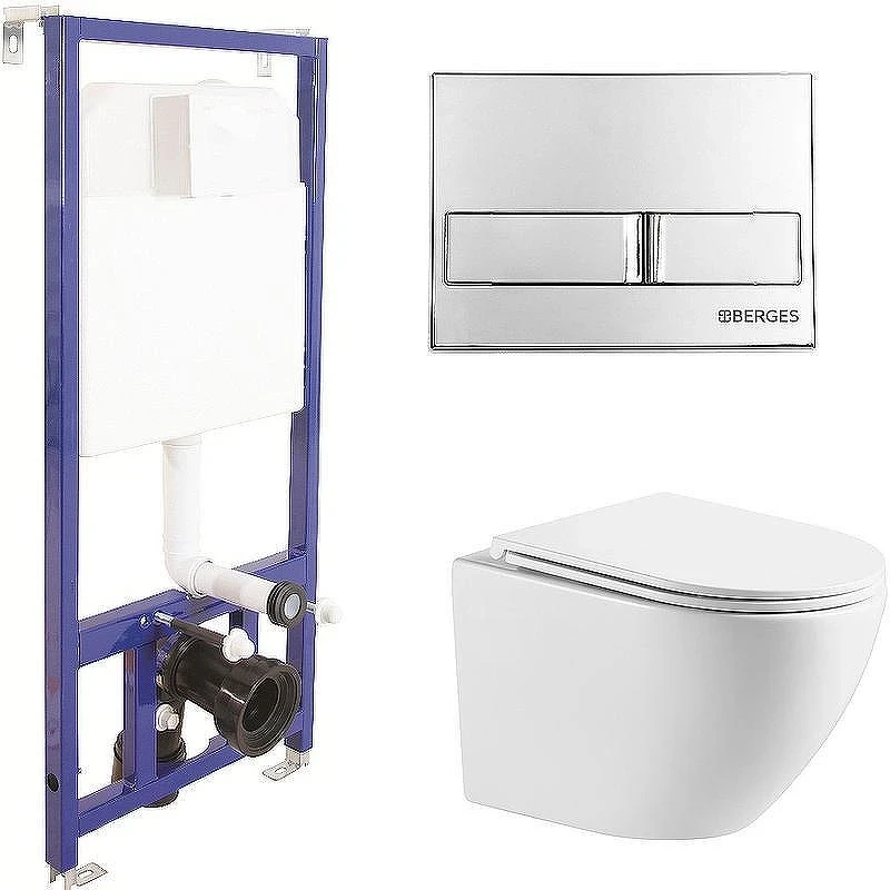 Унитаз с инсталляцией WellWant Aura WWU01121WK + Berges Novum L3 040213 с сиденьем Микролифт и клавишей смыва Хром