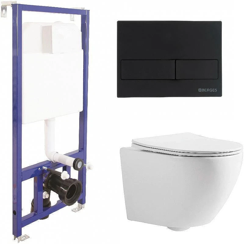 Унитаз с инсталляцией CeramaLux 2197 + Berges Novum L5 040215 с сиденьем Микролифт и Черной матовой клавишей смыва