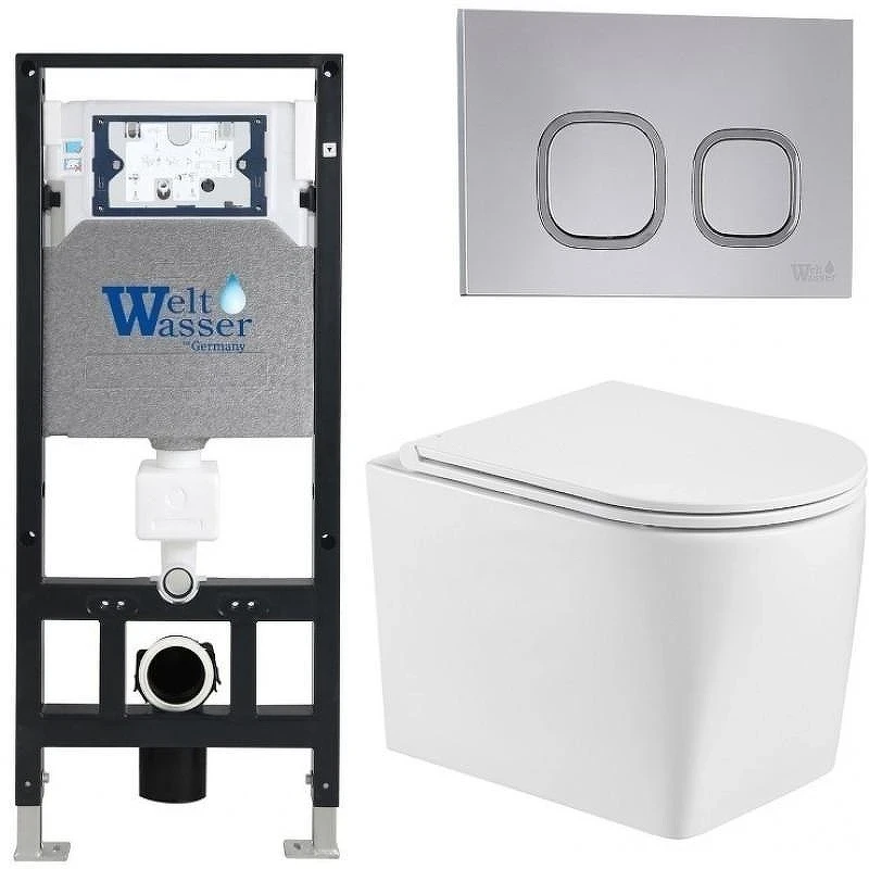 Комплект унитаза с инсталляцией WeltWasser AMBERG 506 + NESENBACH 004 GL-WT + AMBERG RD-CR 10000008933 цвет Белый глянцевый с сиденьем Микролифт и клавишей смыва цвет Хром
