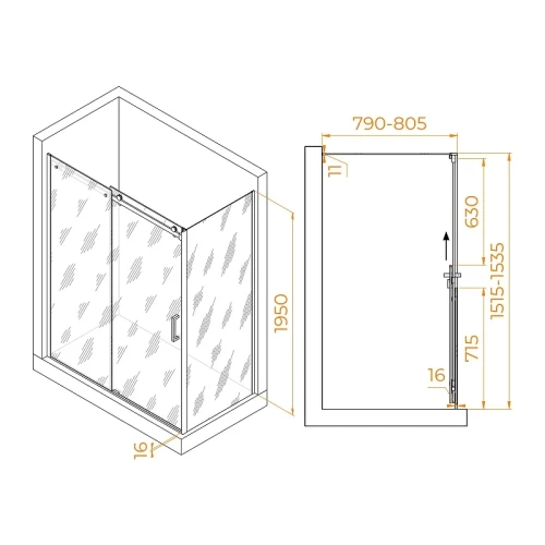 Душевой уголок RGW Tornado 150x80 02074458-14 профиль цвет Черный стекло прозрачное