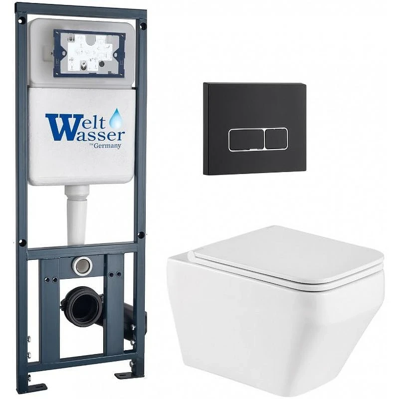 Комплект унитаза с инсталляцией WeltWasser MARBERG 410 + HOFBACH 041 GL-WT + MAR 410 SE MT-BL 10000011680 цвет Белый глянцевый с сиденьем Микролифт и клавишей смыва цвет Черный матовый