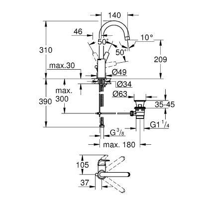 Смеситель для раковины Grohe Bauflow 23753000 Хром латунь