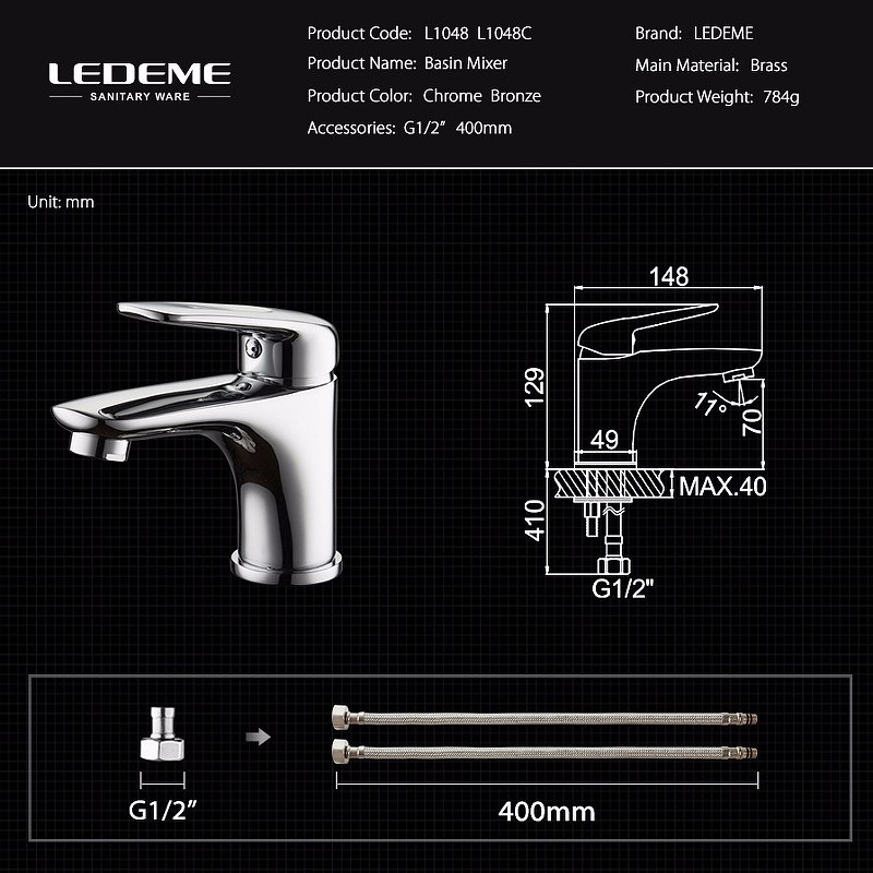 Смеситель для раковины Ledeme H48 1048L Хром латунь