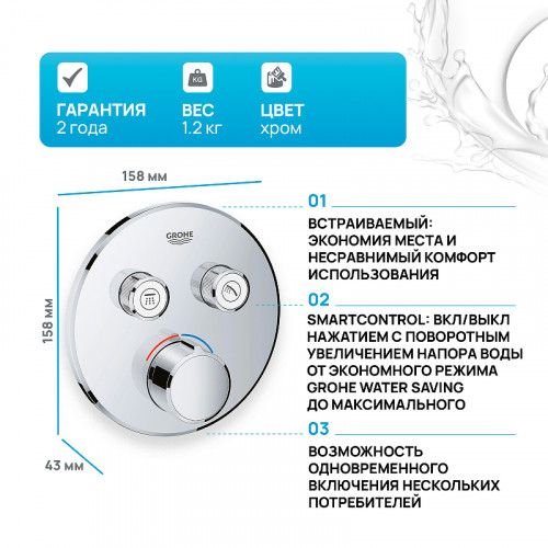 Смеситель для душа Grohe Grohtherm SmartControl 29145000 Хром латунь встраиваемый