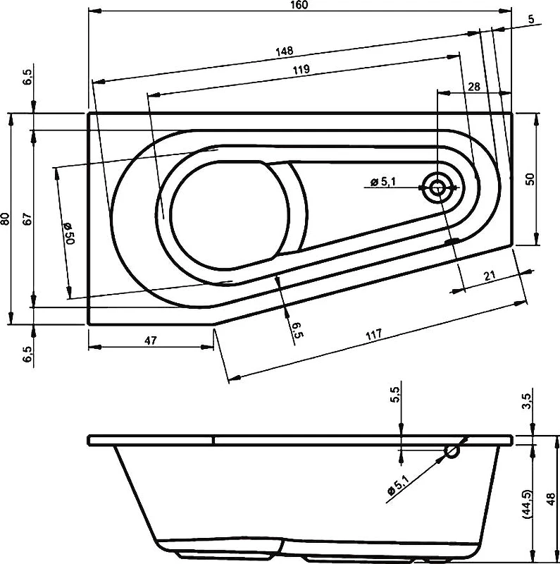 Акриловая ванна Riho Delta 160x80 B068001005 (BB8200500000000) R без гидромассажа