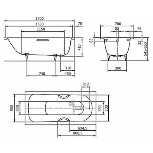 Стальная ванна Kaldewei Saniform Plus 363-1 170х70 KLDW.SAN17070.UK.SP.SHUM цвет Белый с ножкам со сливом-переливом с шумоизоляцией